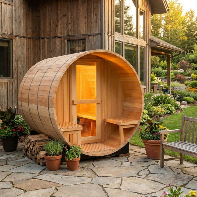 4-6 Person Outdoor Porch Barrel Steam Sauna by Centuraheat surrounded by greenery