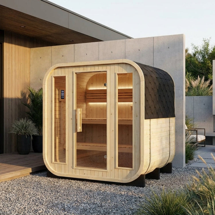 Wooden outdoor steam sauna with glass doors