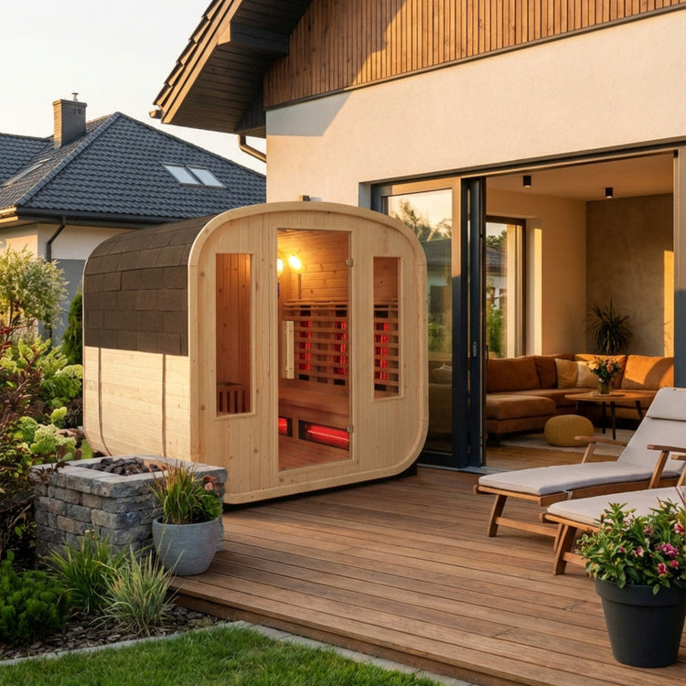 Wooden outdoor sauna on a wooden deck with a modern house in the background