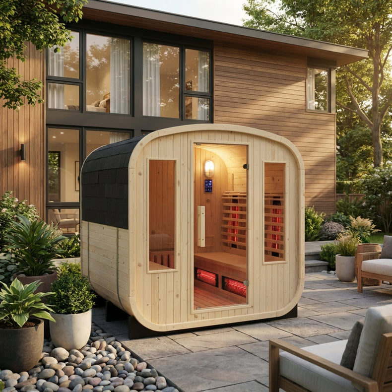 Hybrid Outdoor Cube Sauna by Centuraheat in a modern garden