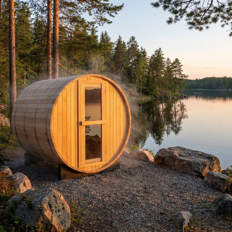 Wooden barrel-shaped sauna by a lake