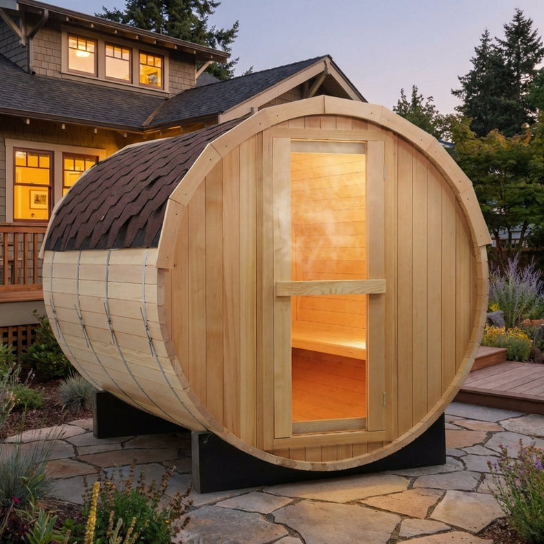 Wooden barrel-shaped sauna in a garden setting