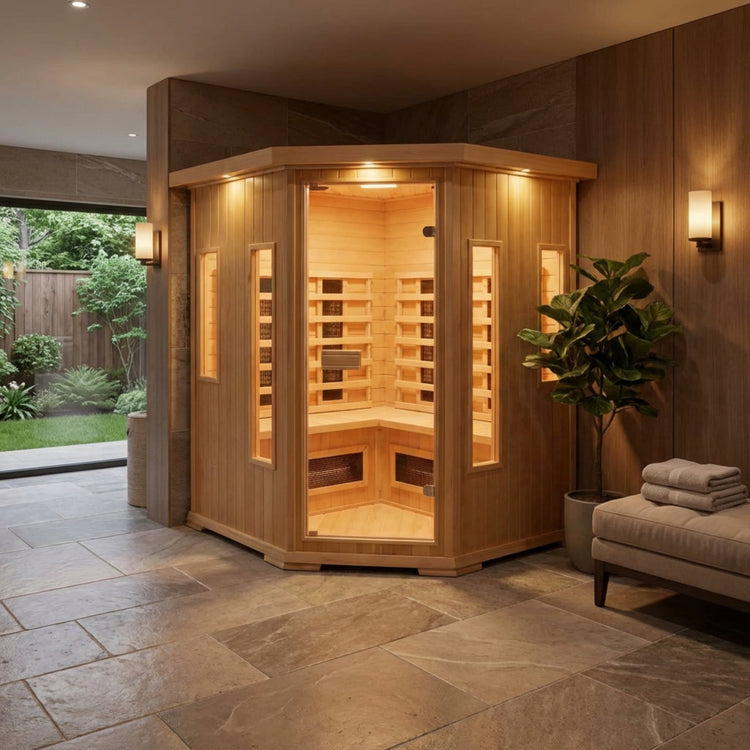 Infrared corner sauna in a modern indoor setting
