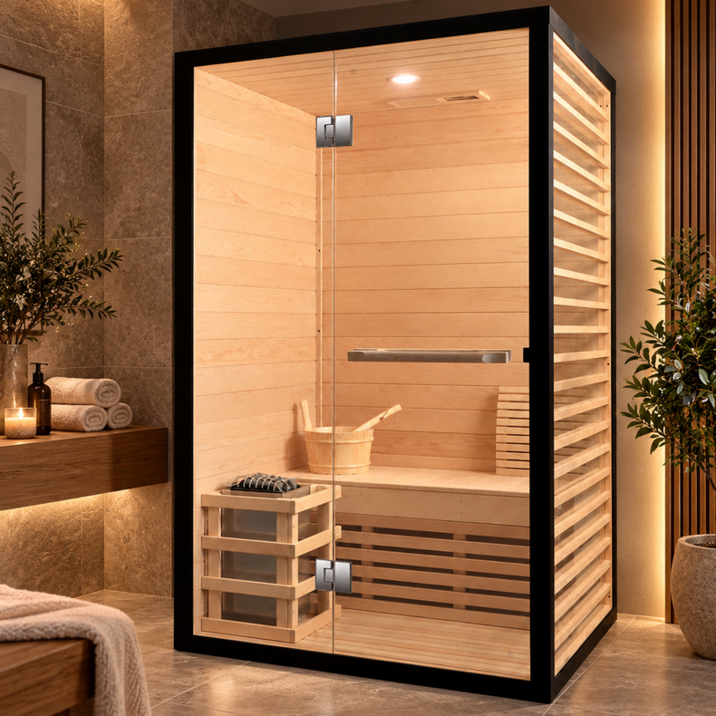 2 Person Indoor Sauna with Glass Side Wall and 3kW Harvia Heater