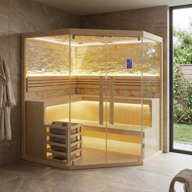 6-8 Person Traditional Steam Indoor Corner Sauna in a marble room