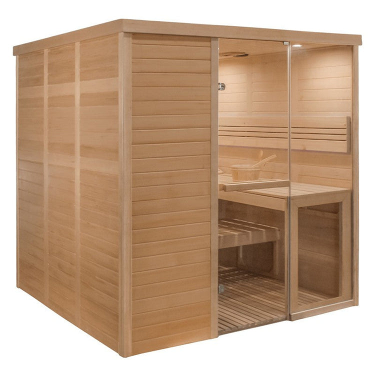 Wooden sauna with interior view