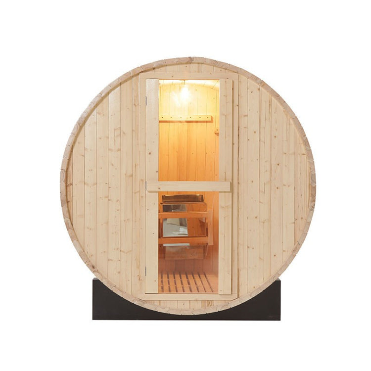 Wooden barrel steam sauna front view