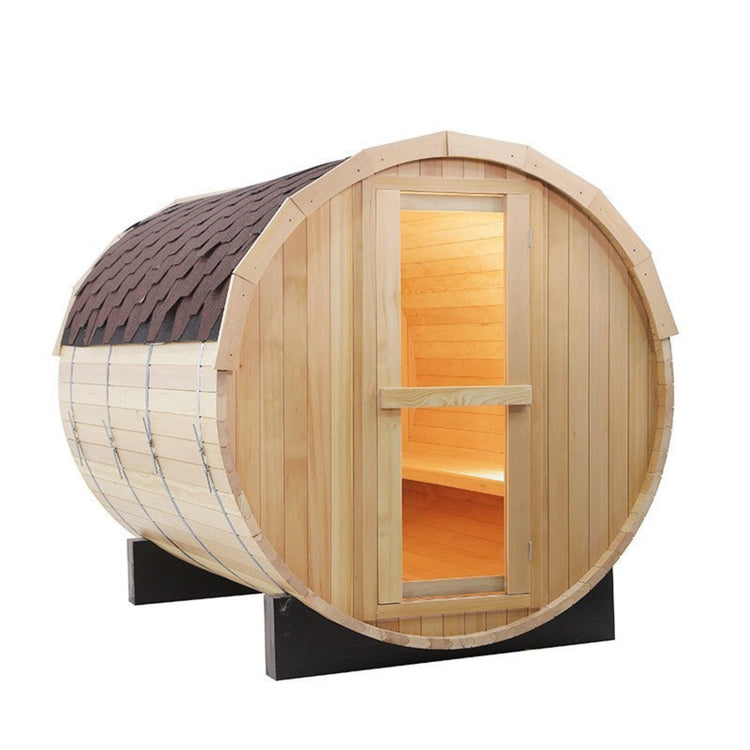 Wooden barrel sauna with a brown roof