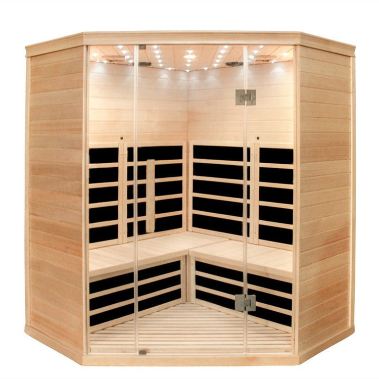 Corner infrared sauna with wooden exterior and glass panels