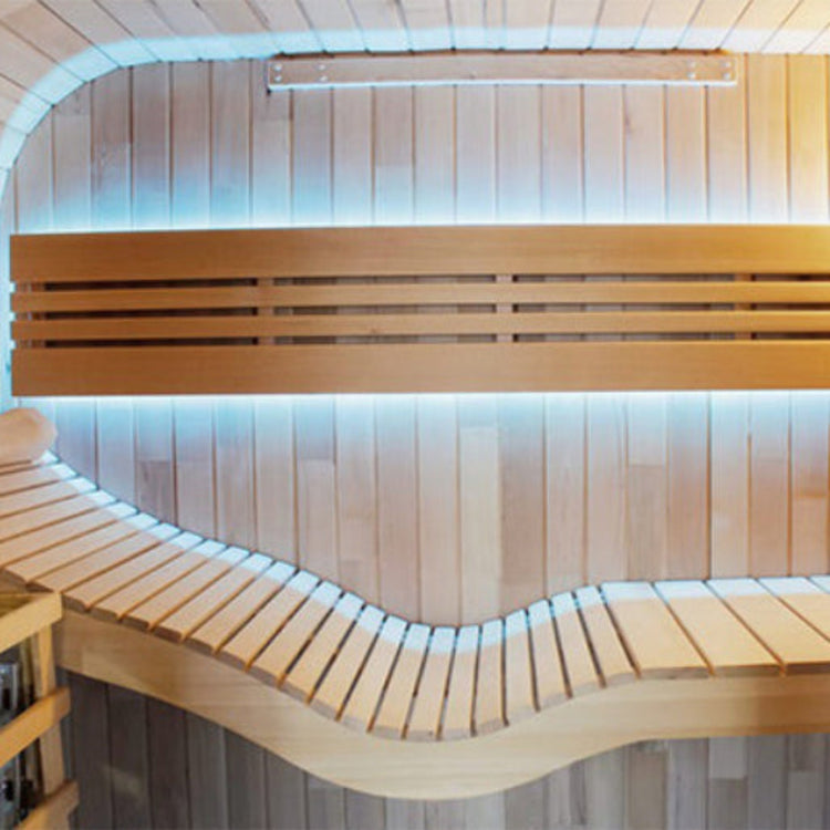 Wooden bench in a outdoor sauna
