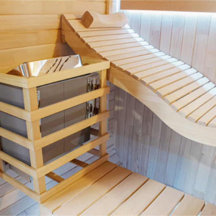 Outdoor Square Steam Sauna interior with heater and bench