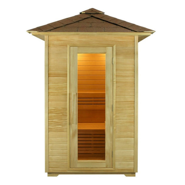 Wooden sauna with a gabled roof
