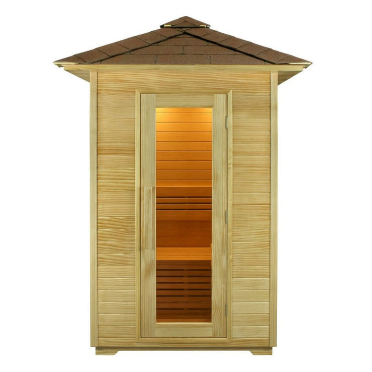 Wooden sauna with a gabled roof