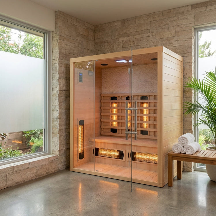 Infrared sauna in a modern room with large windows