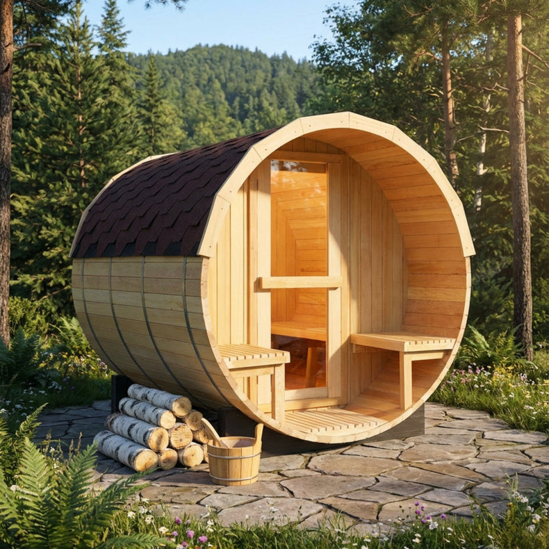Wooden barrel-shaped sauna in a forest setting