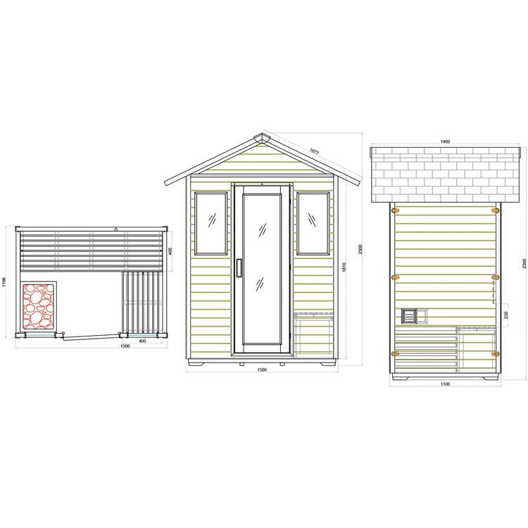 3 Person Traditional Steam Outdoor Sauna Room by Centuraheat technical drawing