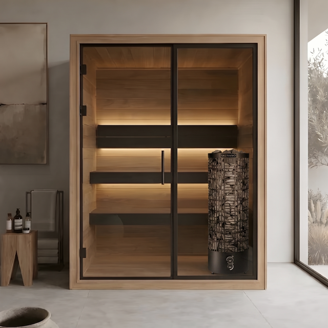 Indoor Sauna Thermo Black 150 with dark thermo aspen interior and black thermowood finish