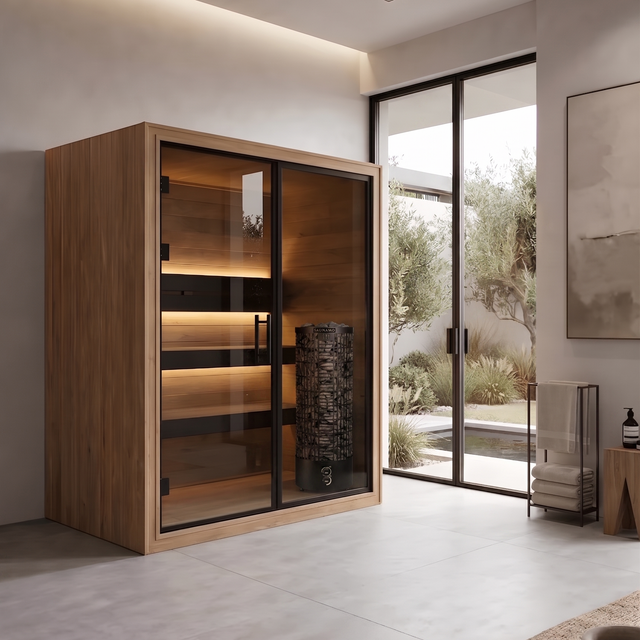 Indoor Sauna Thermo Black 150 with dark thermo aspen interior and black thermowood finish