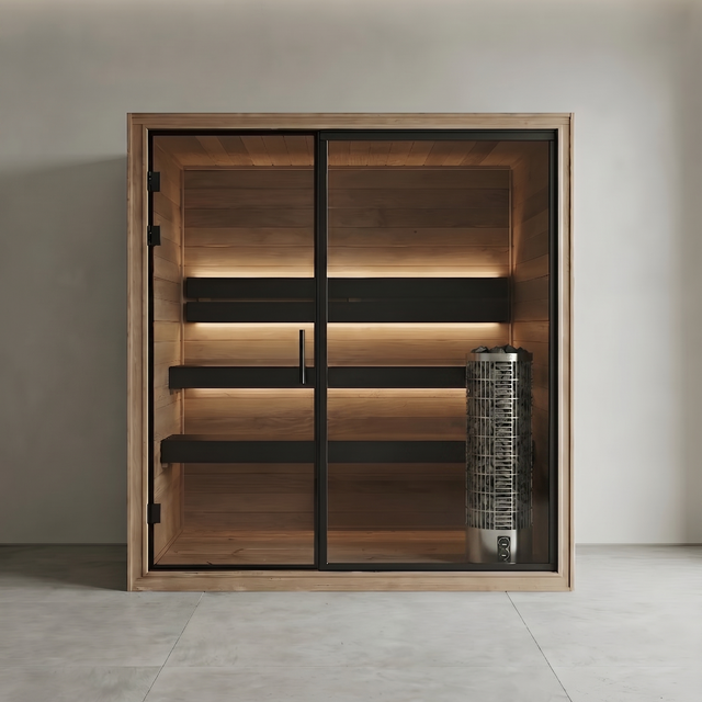 Indoor Sauna Thermo Black 220 with heat-treated aspen interior and black waxed benches