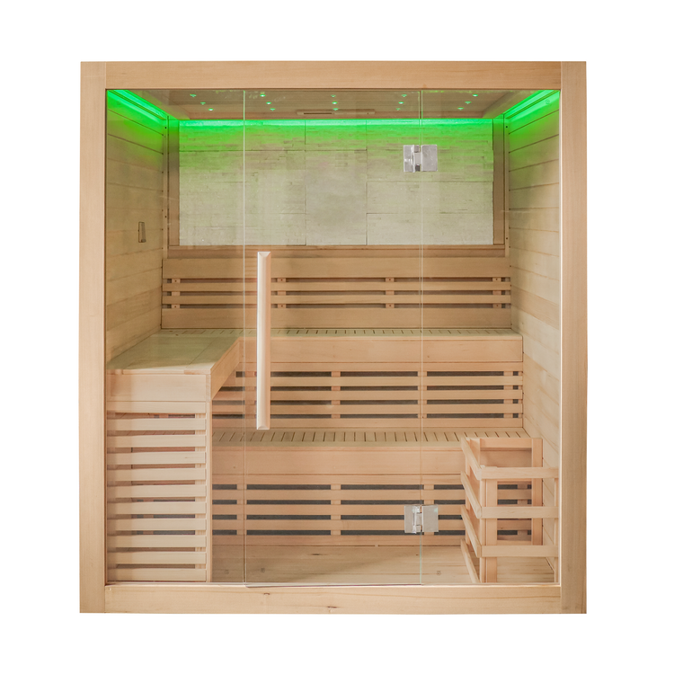 CenturaHeat 4 Person Canadian Hemlock Indoor Sauna with Stone Back Wall and 6kW Harvia Heater