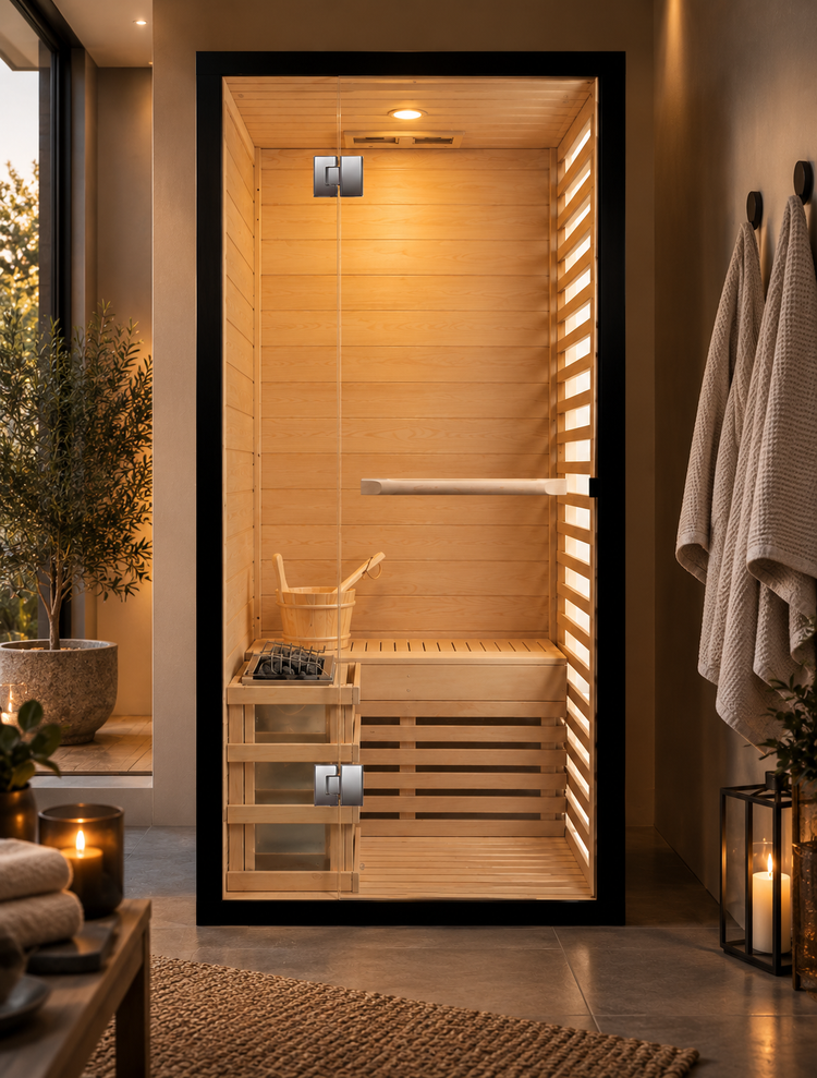 CenturaHeat 2 Person Canadian Hemlock Indoor Sauna with Glass Side Wall and 3kW Harvia Heater