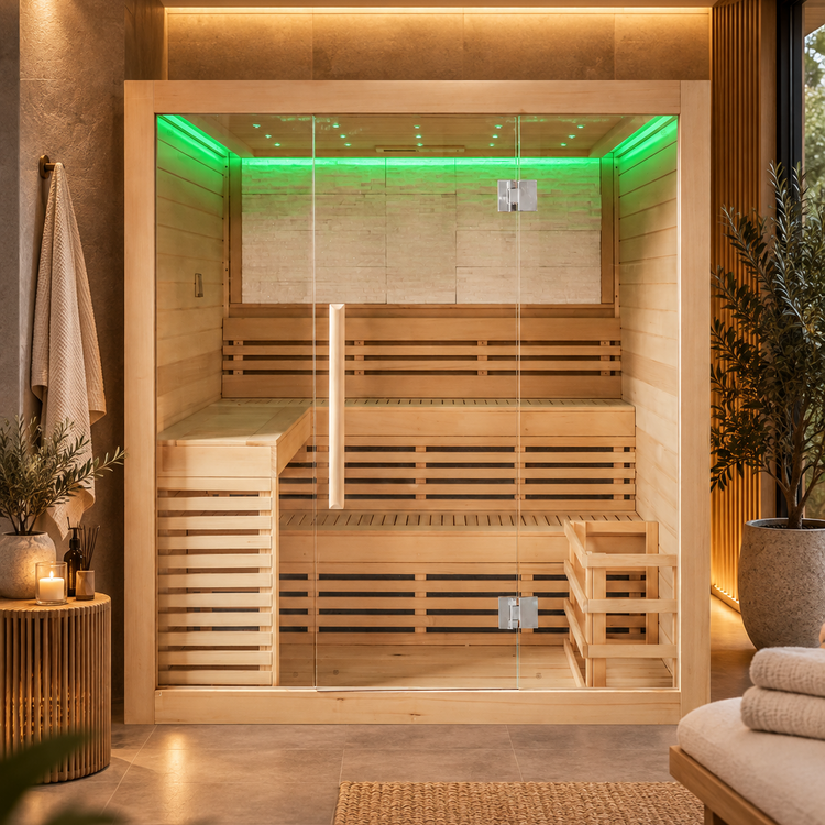CenturaHeat 4 Person Canadian Hemlock Indoor Sauna with Stone Back Wall and 6kW Harvia Heater