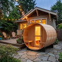 4-6 Person Outdoor Porch Barrel Steam Sauna in a garden setting