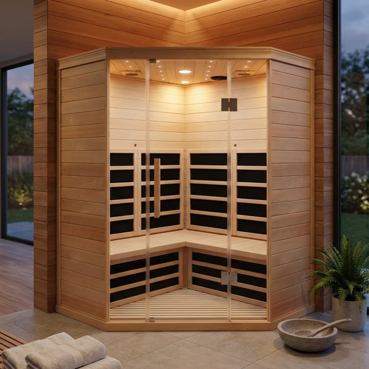 Infrared sauna with wooden interior and glass panels, surrounded by a modern room.