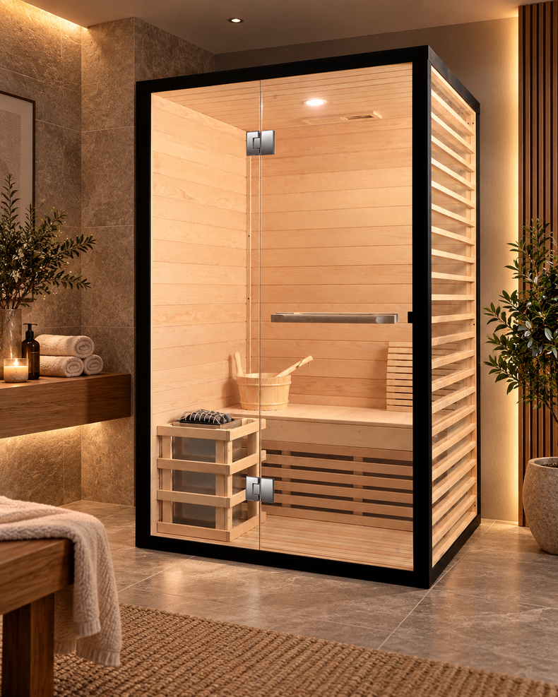 CenturaHeat 2 Person Canadian Hemlock Indoor Sauna with Glass Side Wall and 3kW Harvia Heater
