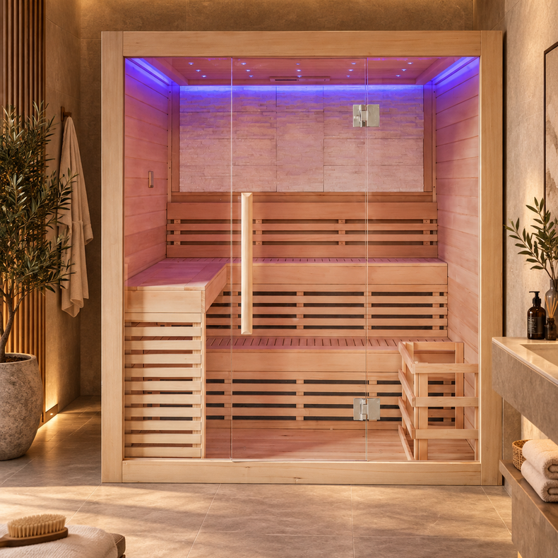 CenturaHeat 4 Person Canadian Hemlock Indoor Sauna with Stone Back Wall and 6kW Harvia Heater
