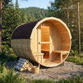 Wooden barrel-shaped sauna in a forest setting