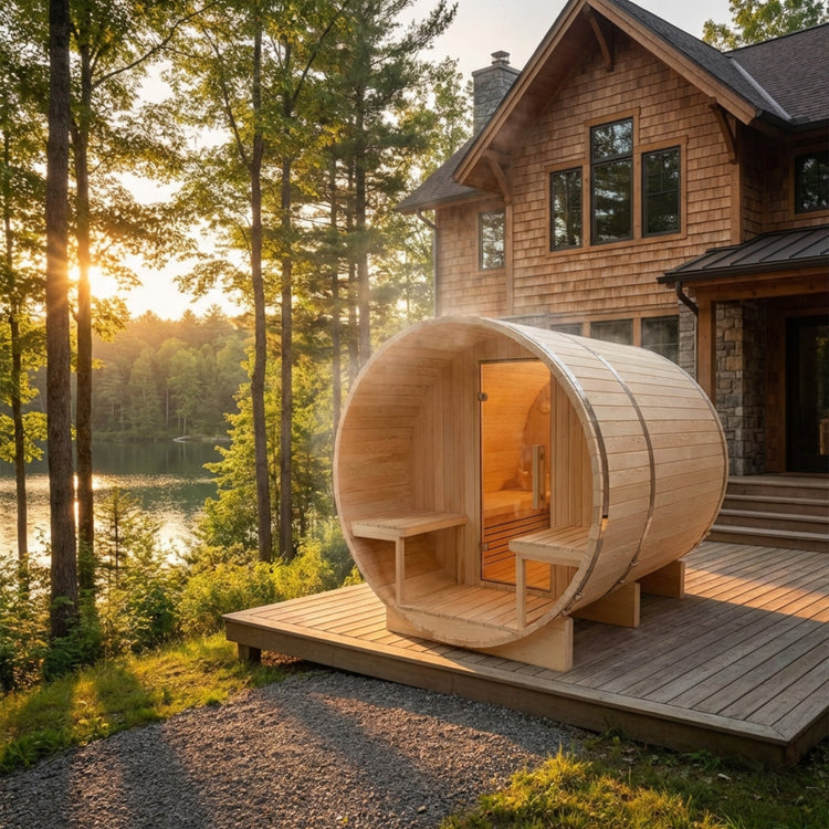 Wooden barrel steam sauna on a deck with a lake and cabin in the background