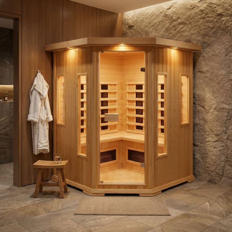 CenturaHeat 4-5 Person Diamond Infrared Corner Indoor Sauna in spa setting