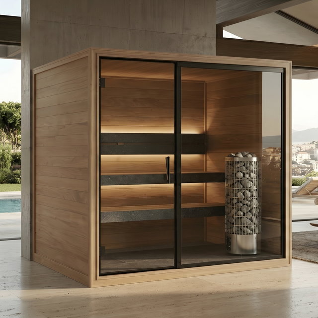 Indoor Sauna Thermo Black 220 with heat-treated aspen interior and black waxed benches
