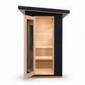 Black-Finished Hemlock Outdoor Sauna door open