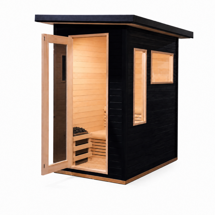 2 Person Outdoor Sauna with 6kW Harvia Heater door open