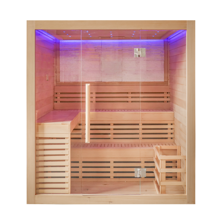CenturaHeat 4 Person Canadian Hemlock Indoor Sauna with Stone Back Wall and 6kW Harvia Heater
